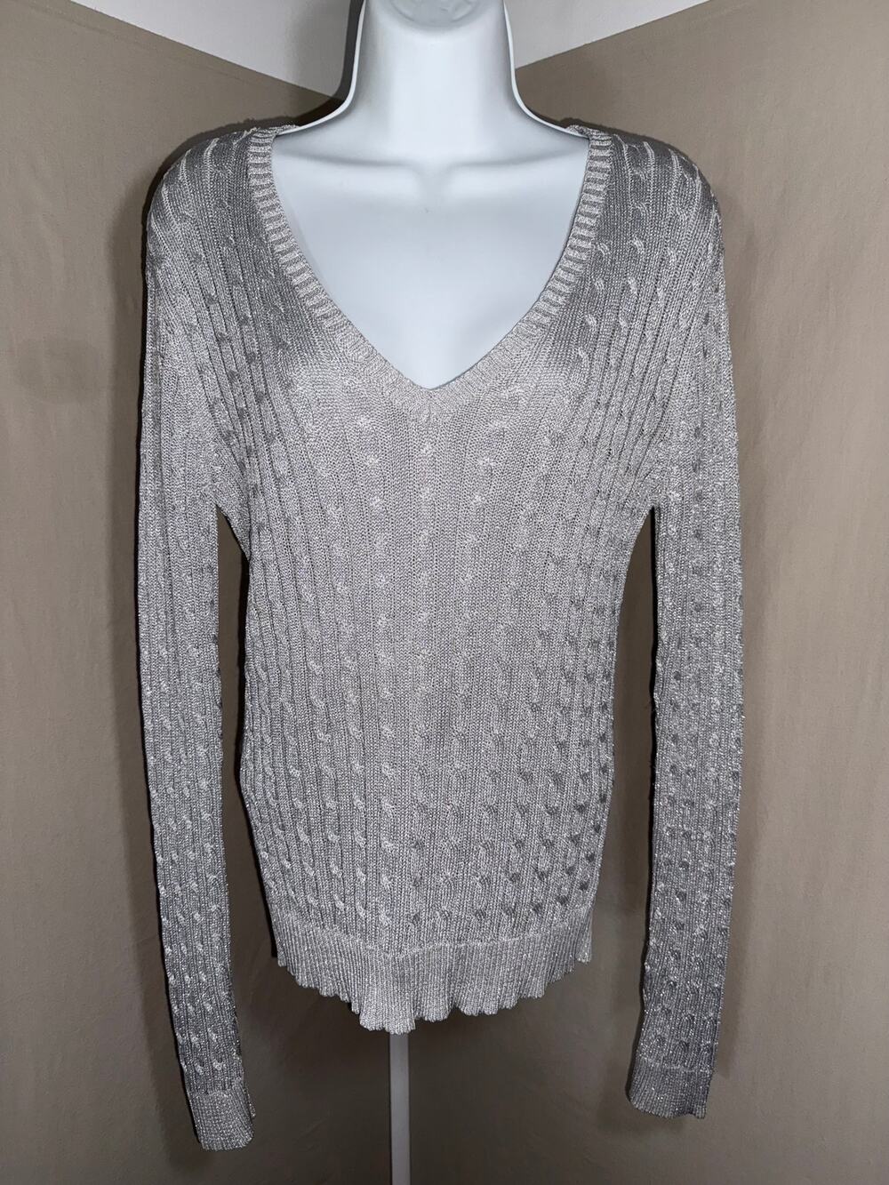 Lauren Ralph Lauren Metallic Silver Silk Cable Knit Sweater M